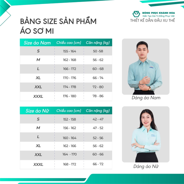 bảng bảng size áo sơ mi đồng phục nam nữ
