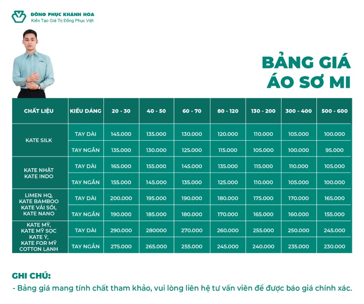 bảng giá may áo sơ mi đồng phục