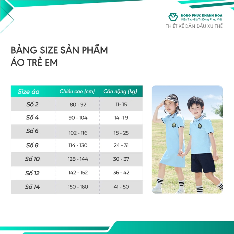 bảng size áo đồng phục trẻ em