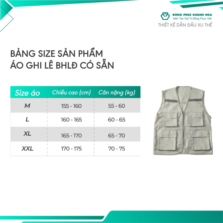 bảng size áo gile đồng phục có sẵn