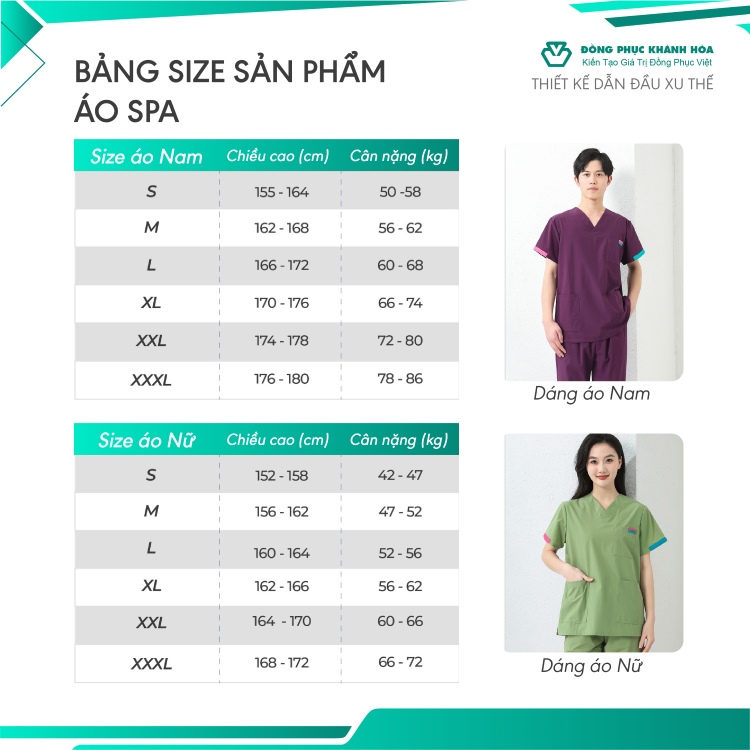 bảng size áo spa đồng phục