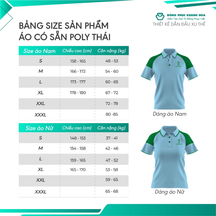 bảng size áo thun poly đồng phục có sẵn