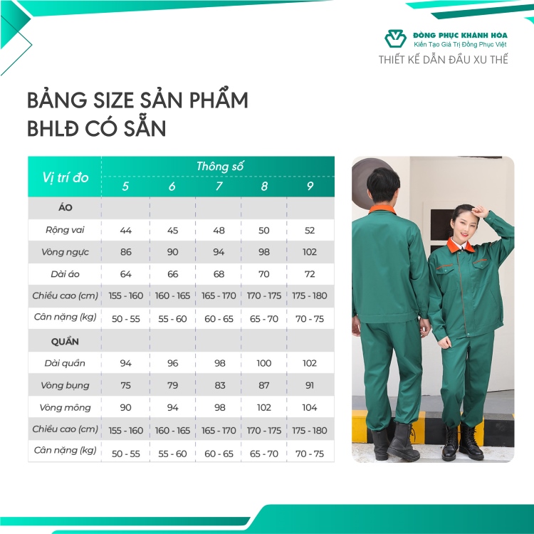 bảng size đồng phục bảo hộ lao động có sẵn